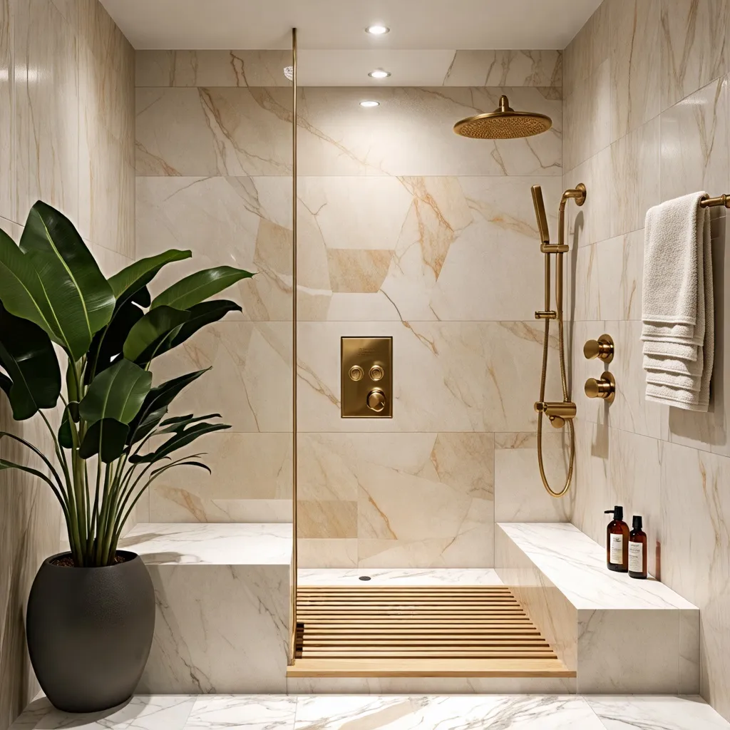 Baño de lujo con detalles en dorado y plantas tropicales.
