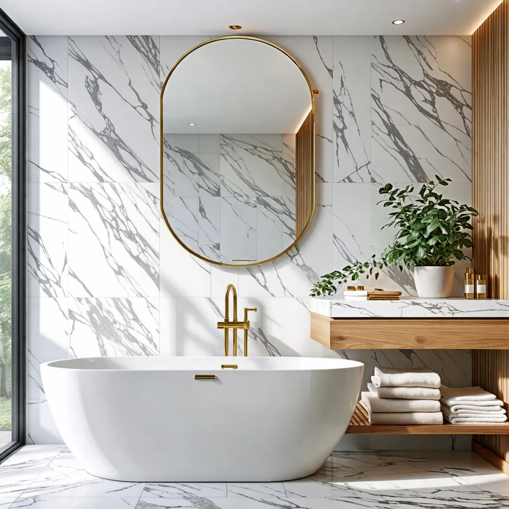 Baño de lujo con detalles dorados y mármol elegante.