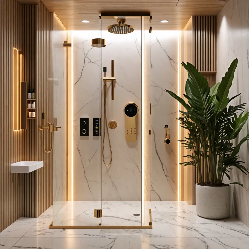 Baño de lujo con detalles dorados y plantas tropicales.