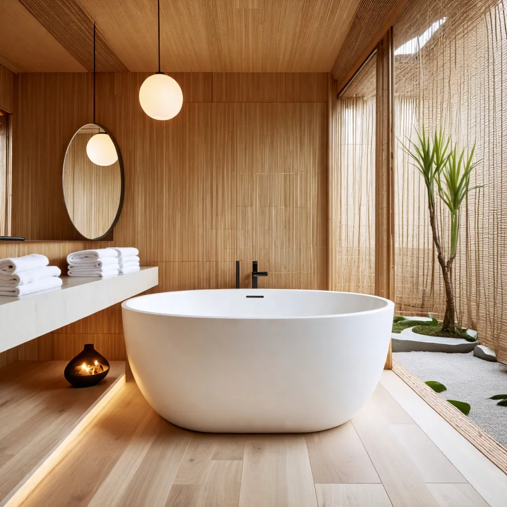 Baño de lujo con diseño minimalista y elementos naturales.