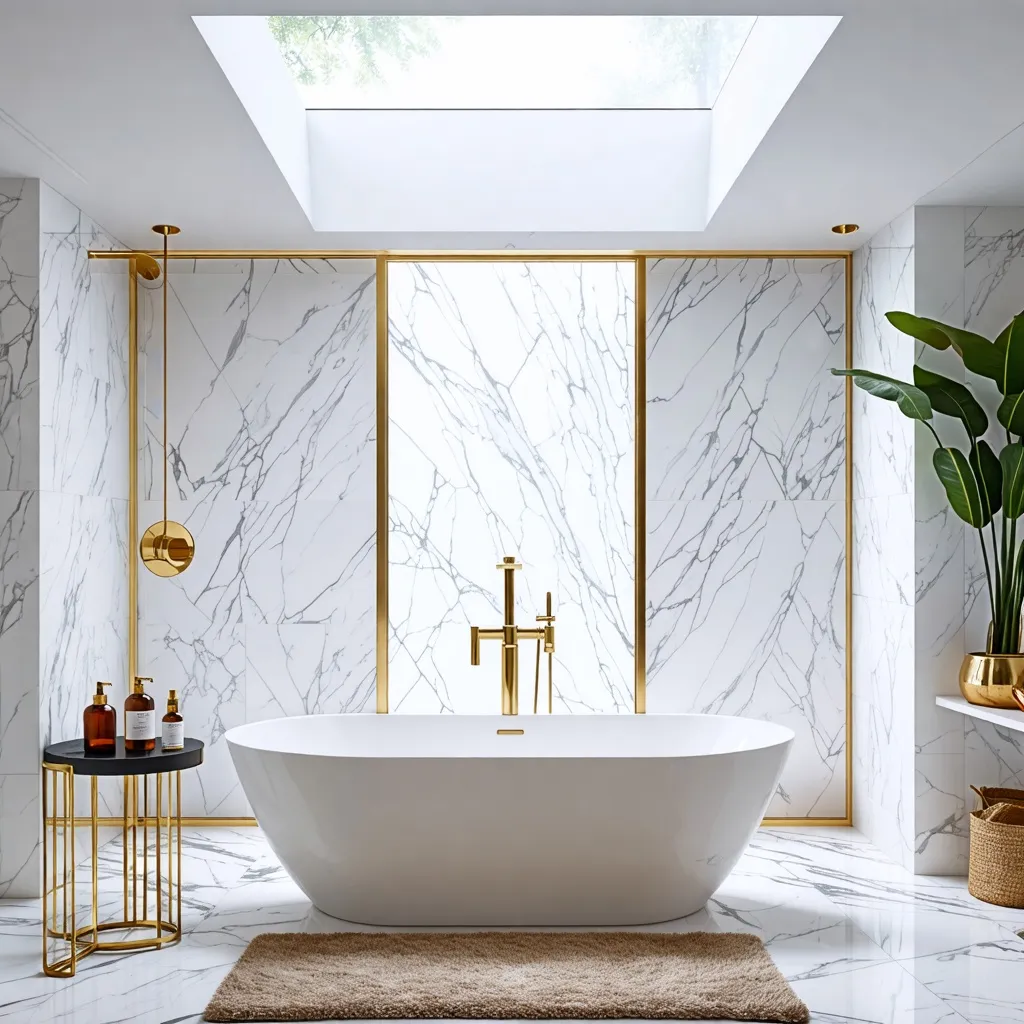 Baño de lujo con diseño de vanguardia y detalles en dorado.