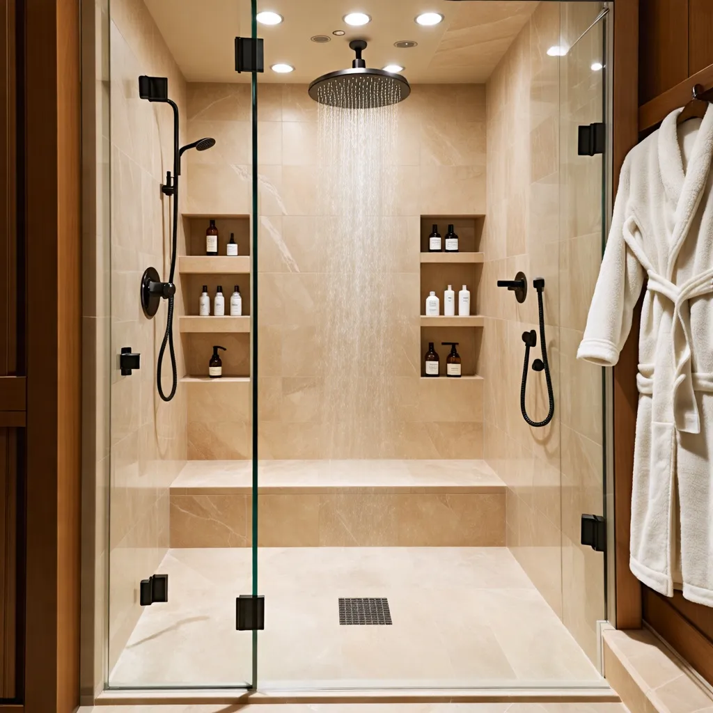 Baño de lujo con ducha de lluvia y estantes para artículos de aseo.