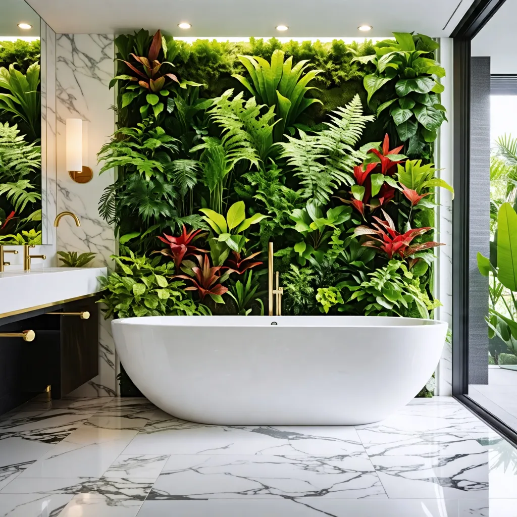Baño de lujo con jardín vertical: diseño natural y elegante.