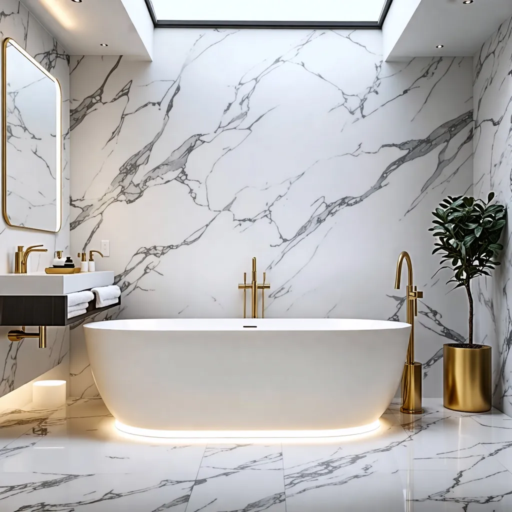 Baño de lujo con diseño de mármol y detalles dorados.