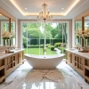 Baño de lujo con vista al jardín, elegancia y naturaleza.
