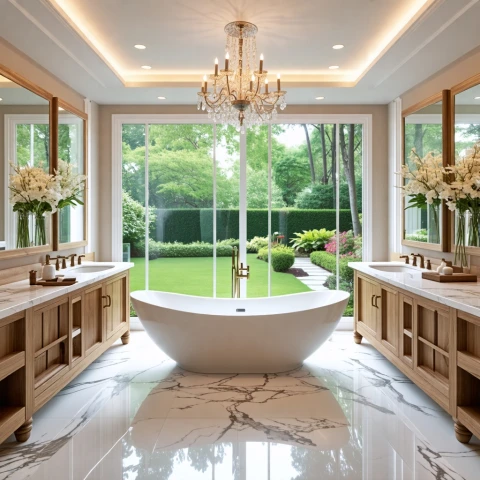 Baño de lujo con vista al jardín, elegancia y naturaleza.