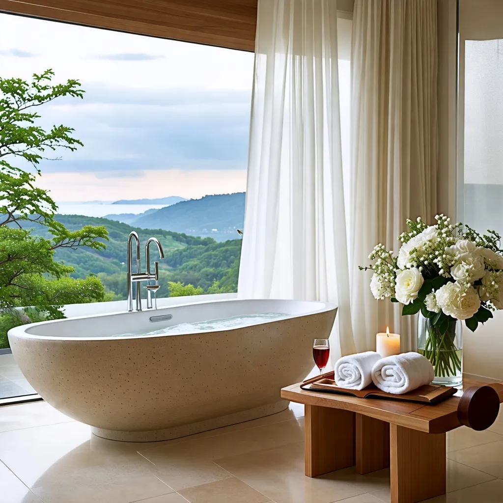 Baño de lujo con vista panorámica a la naturaleza.