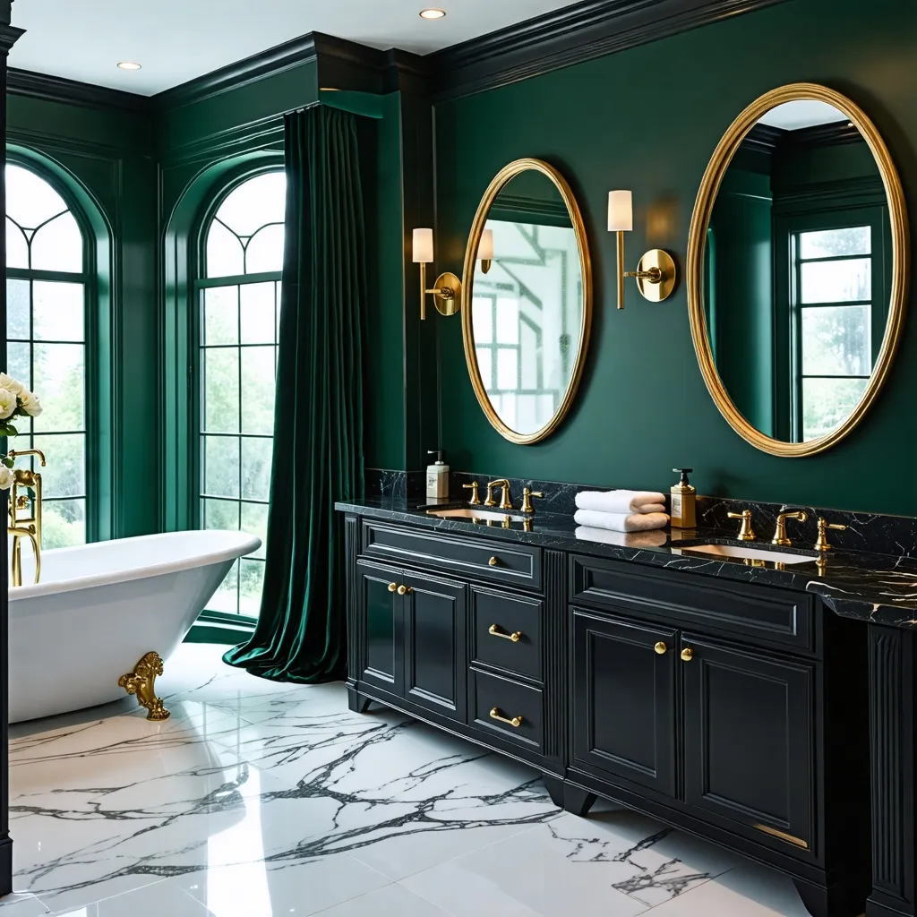 Baño lujoso con detalles dorados y verdes elegantes.