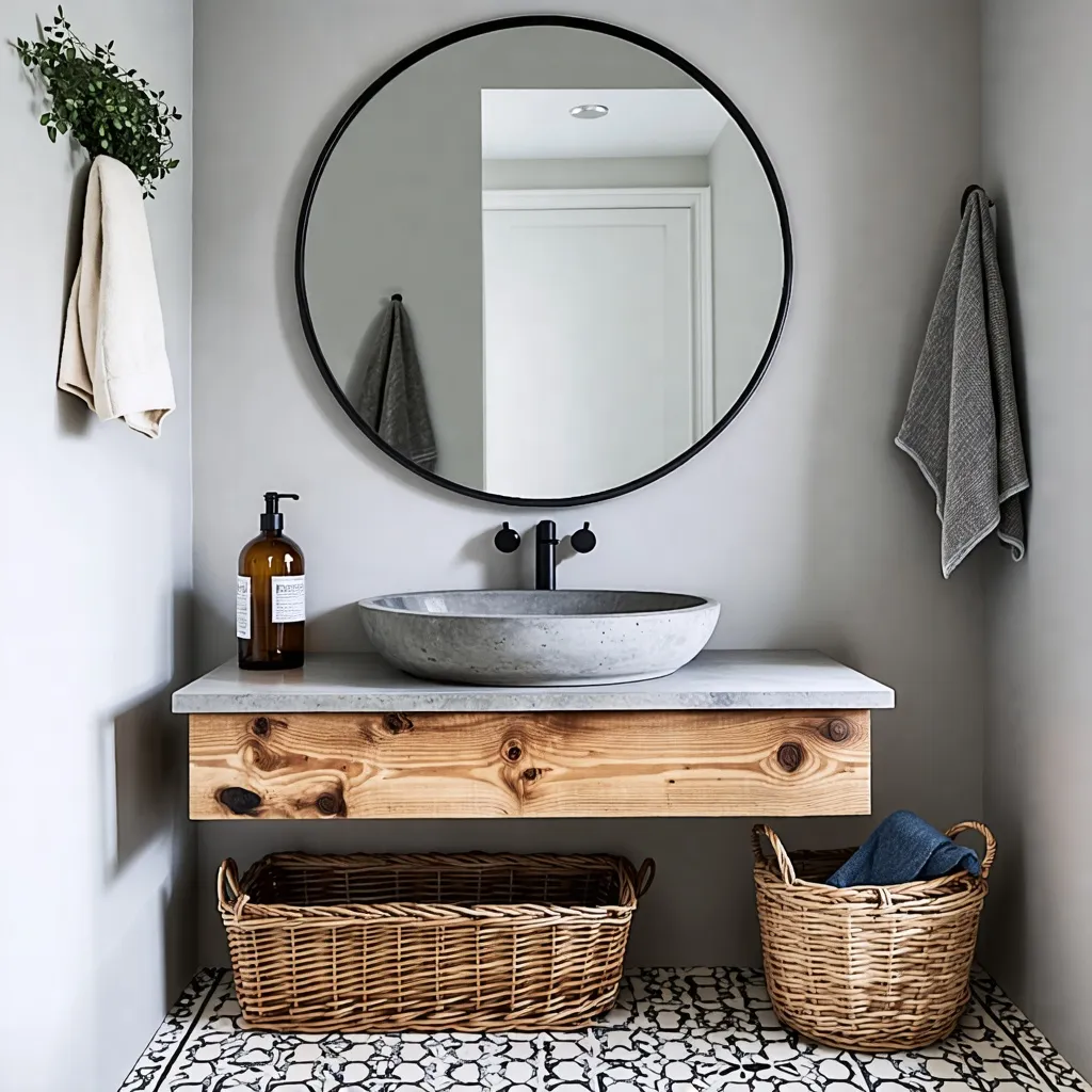 Baño minimalista y moderno con espejo redondo y detalles de madera.