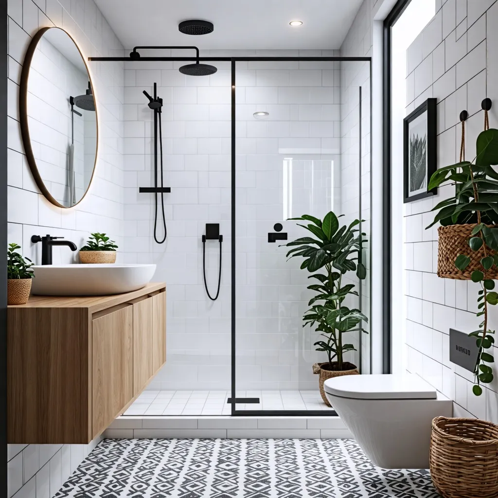 Baño moderno y acogedor con detalles naturales.