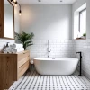 Baño moderno y acogedor con detalles naturales y elegantes.