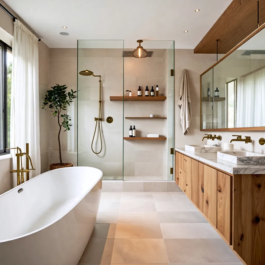 Baño moderno y acogedor con diseño minimalista y detalles de madera.