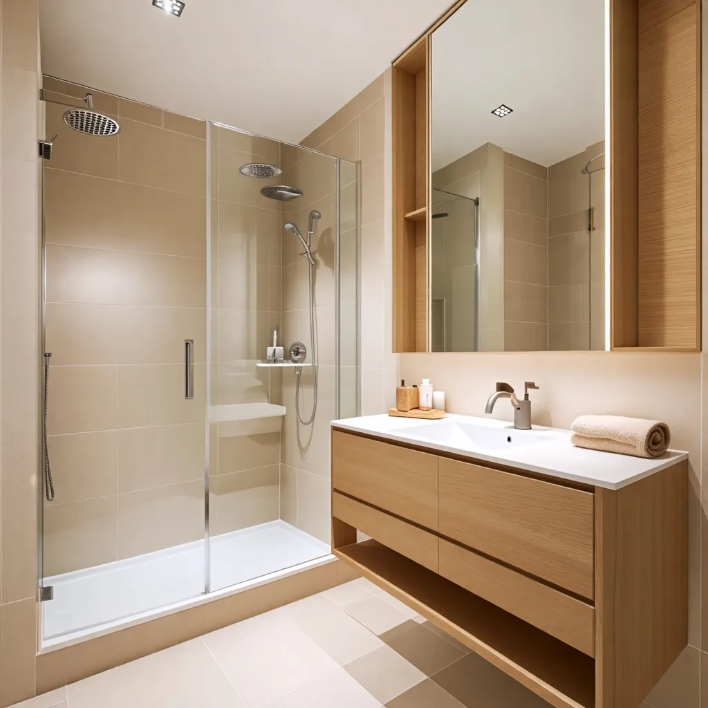Baño moderno y acogedor con ducha y mueble de madera.