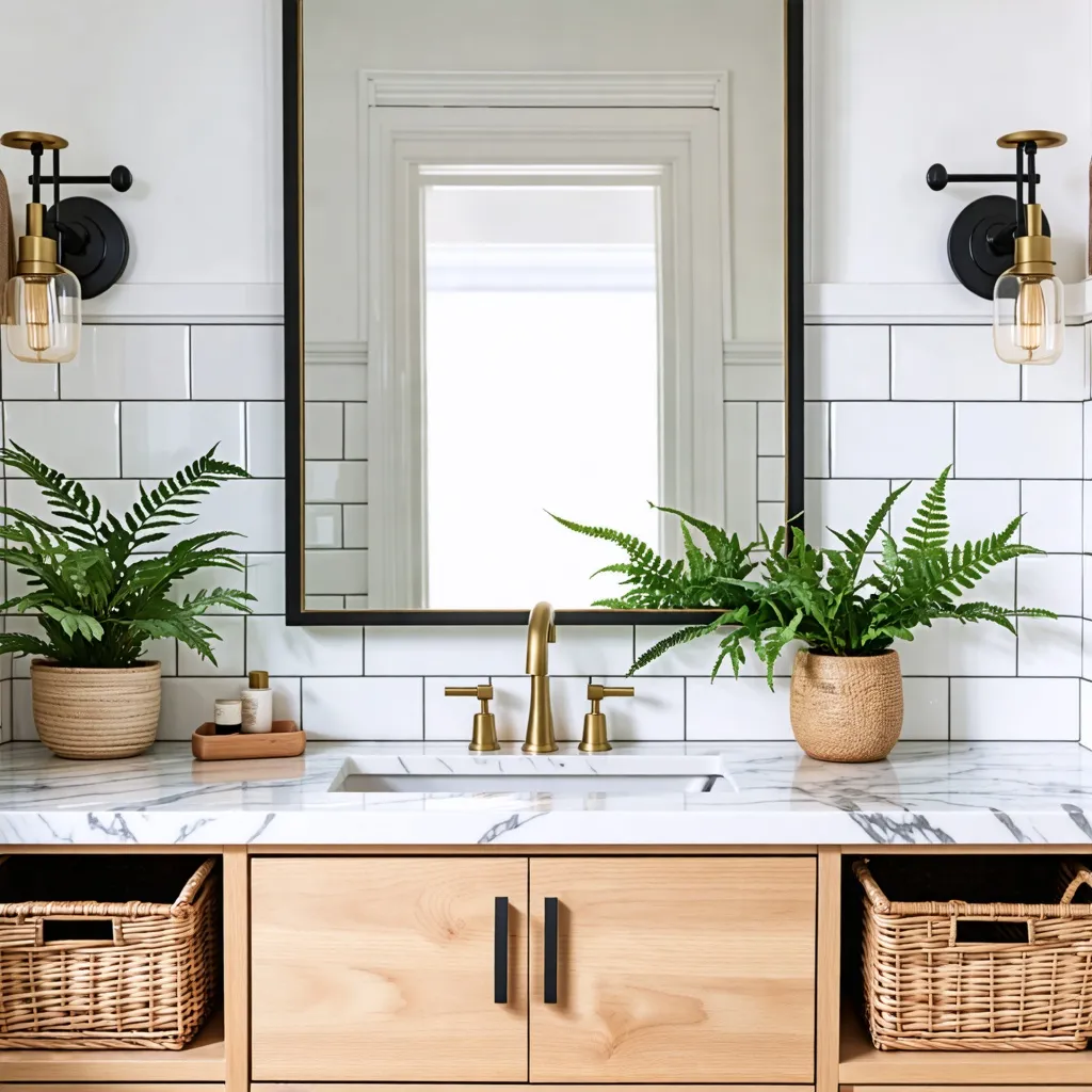 Baño moderno con detalles naturales y plantas de interior.