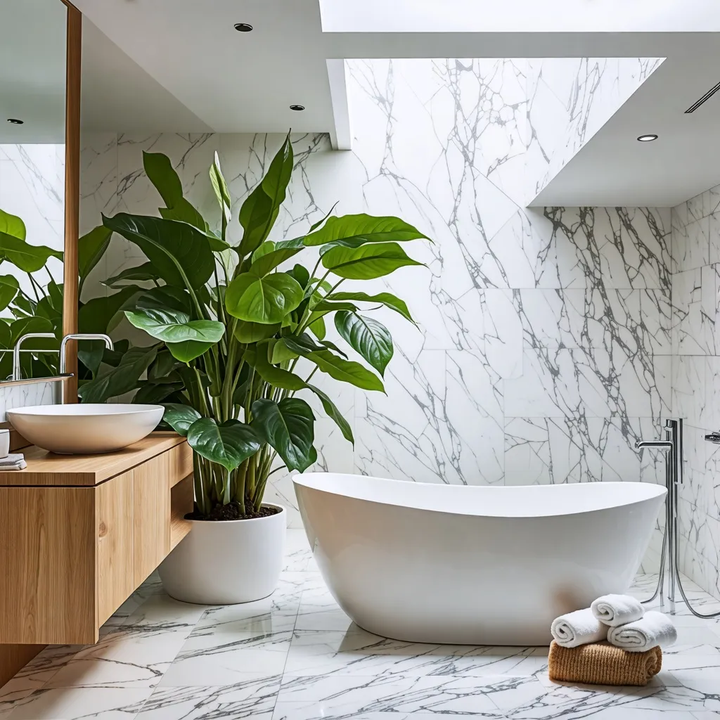 Baño moderno con diseño minimalista y elementos naturales.