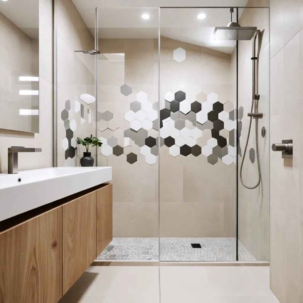 Baño moderno con diseño de mosaico hexagonal en tonos grises y blancos.