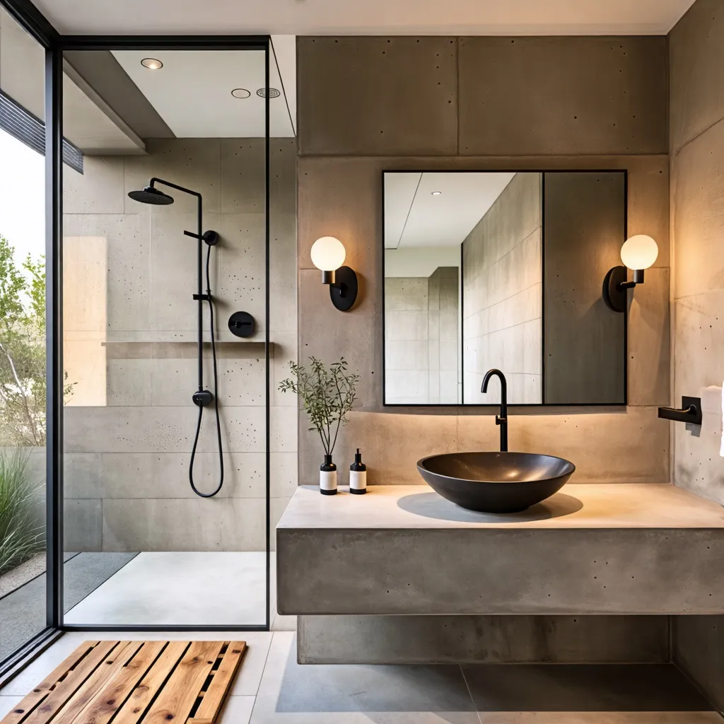 Baño moderno y elegante con detalles en concreto y negro.