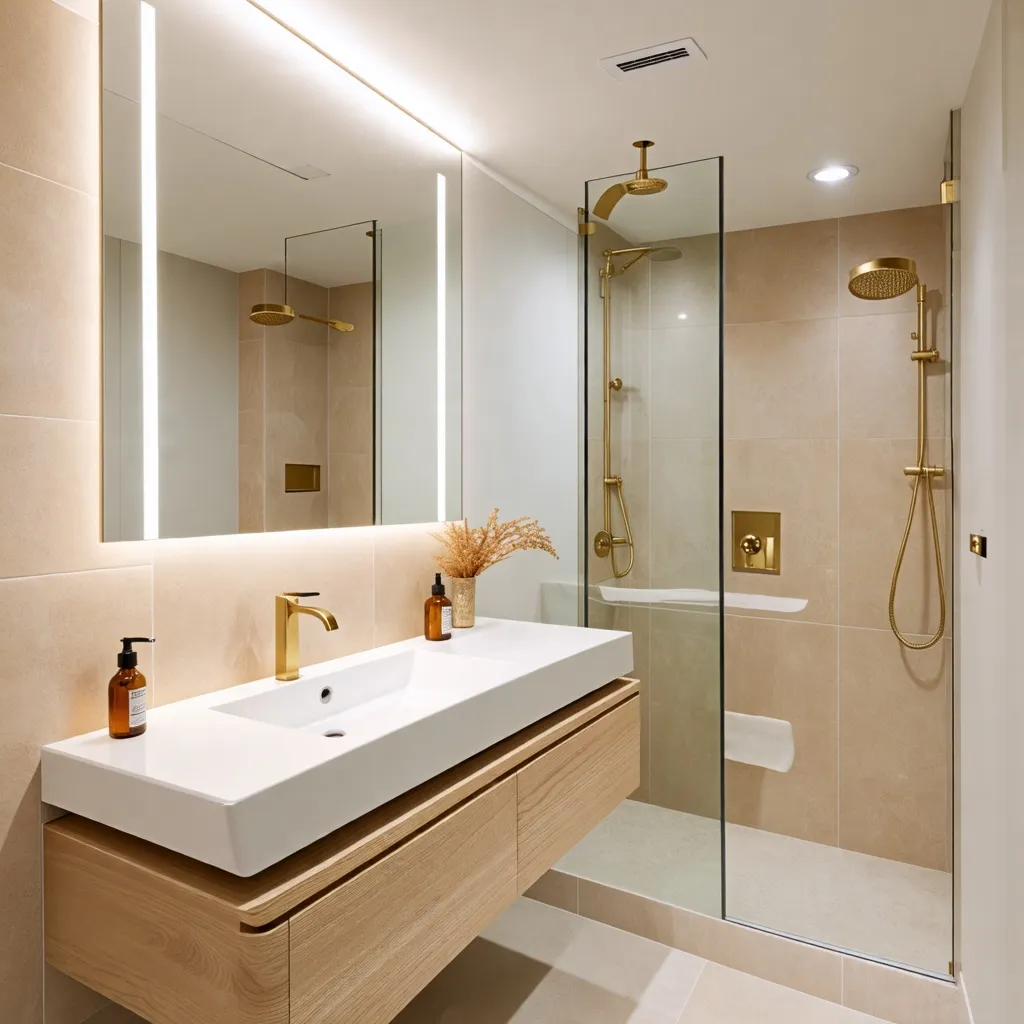 Baño moderno y elegante con detalles en dorado.