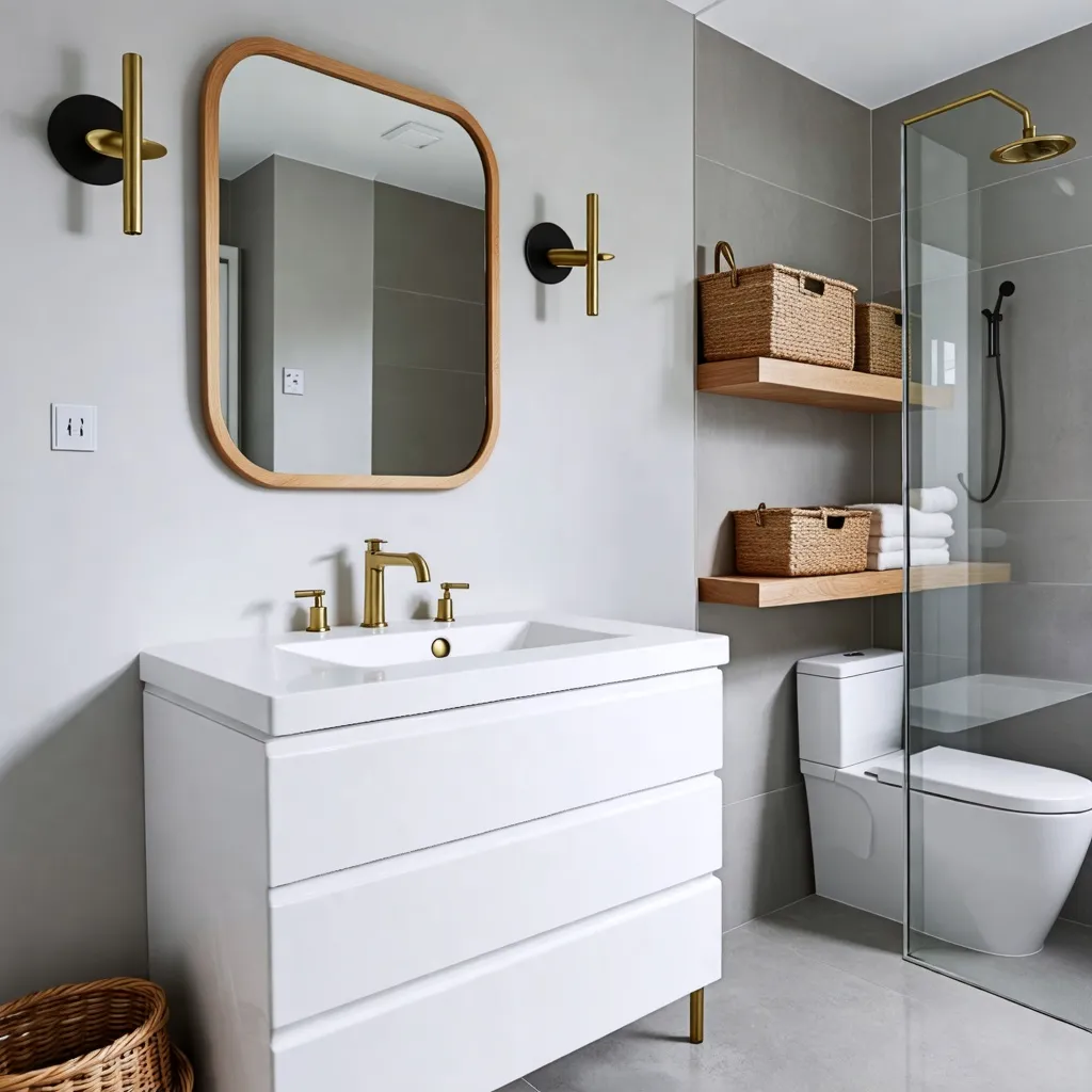 Baño moderno y elegante con detalles en dorado y madera.