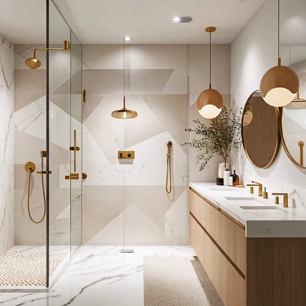 Baño moderno y elegante con detalles dorados y de madera.