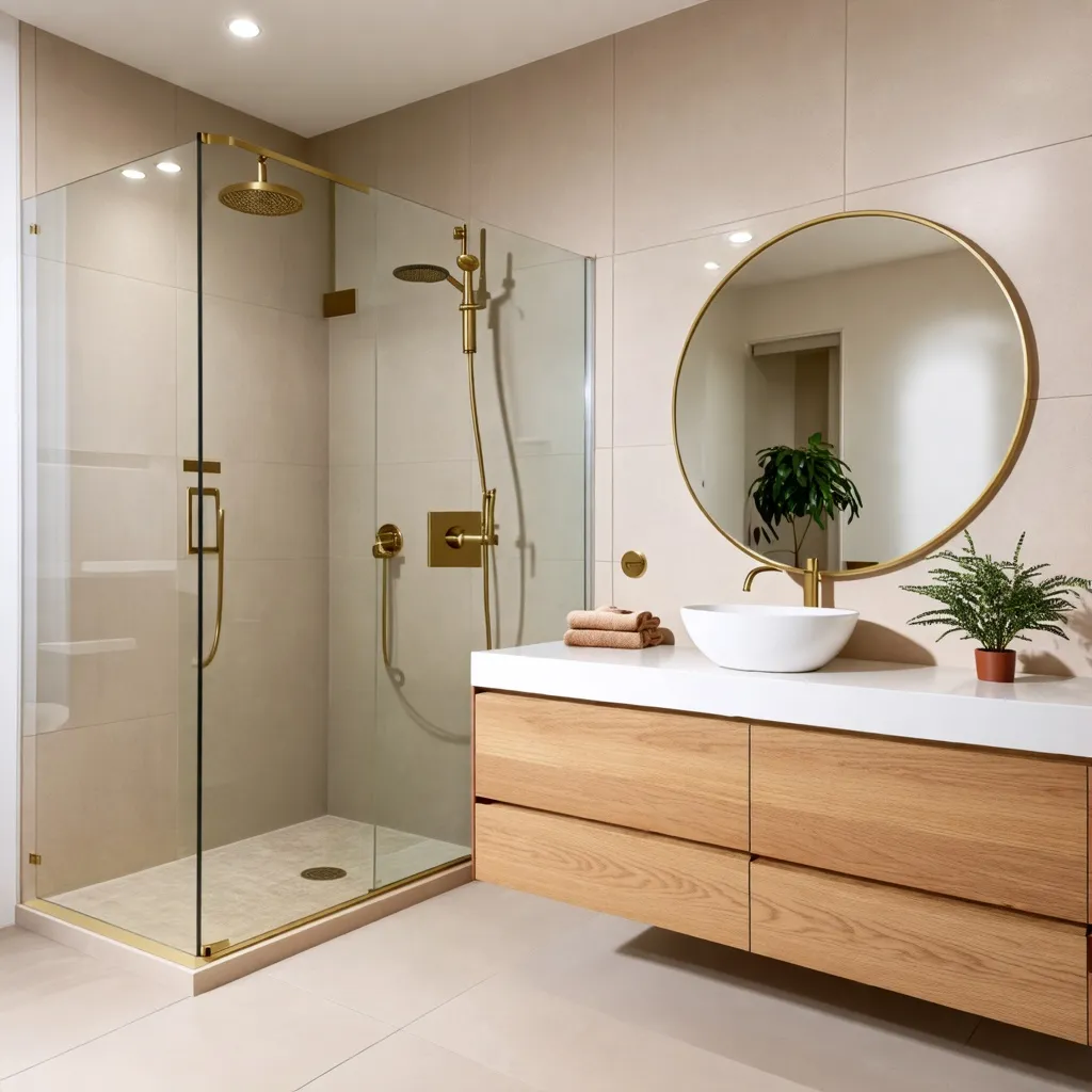 Baño moderno y elegante con detalles dorados y madera natural.