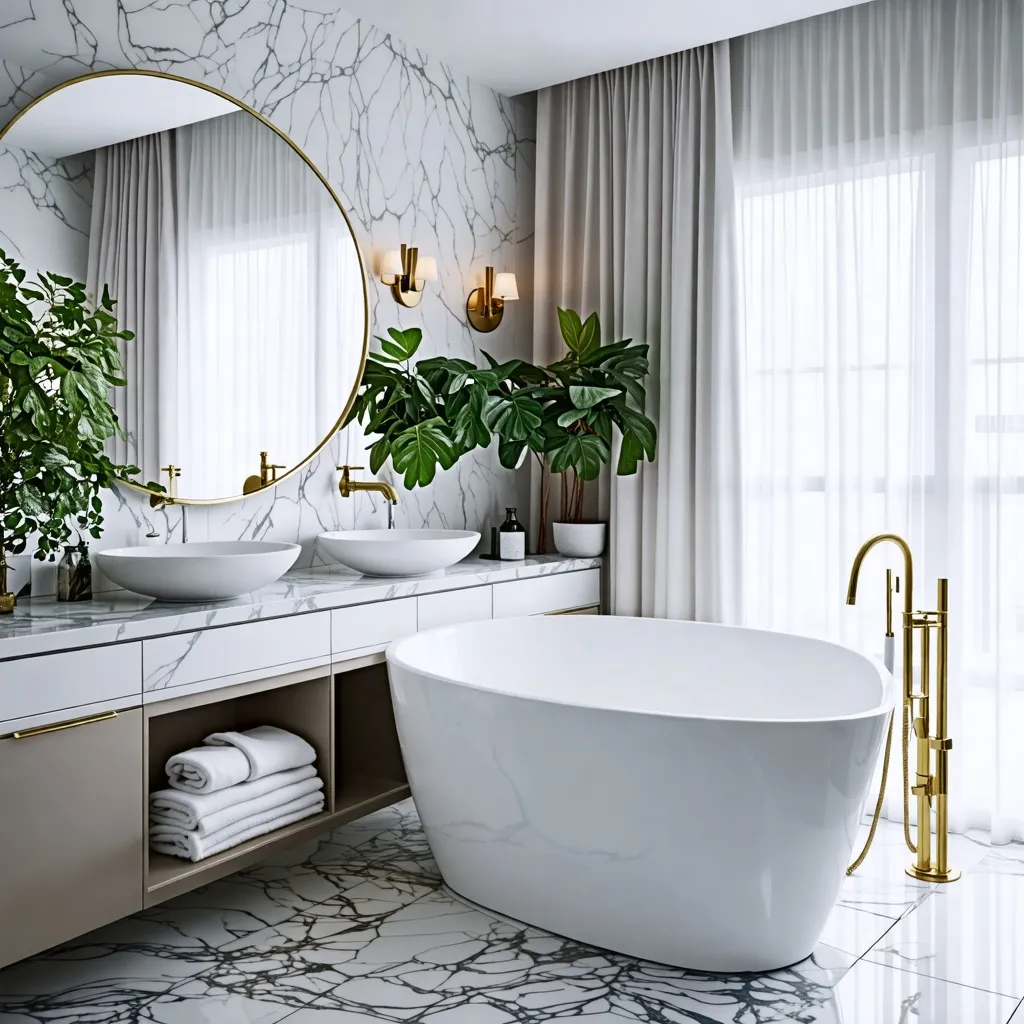 Baño moderno y elegante con detalles dorados y plantas.