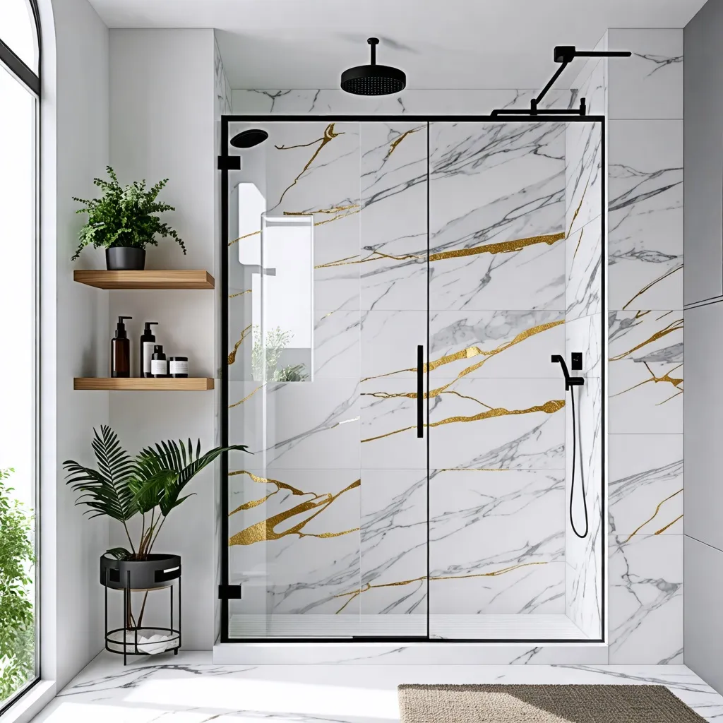 Baño moderno y elegante con detalles de mármol y oro.