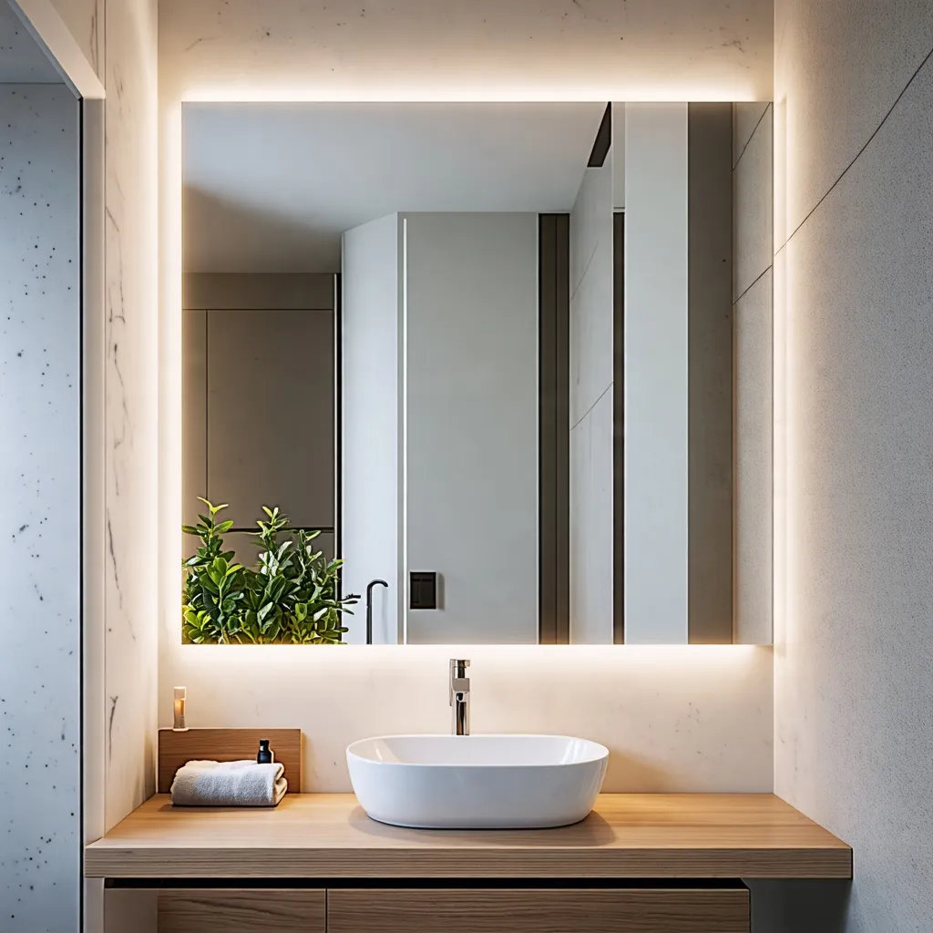 Baño moderno y elegante con detalles naturales y de iluminación.
