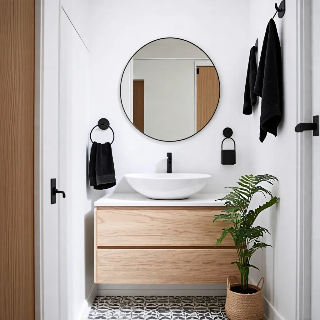 Baño moderno y elegante con diseño minimalista y detalles naturales.