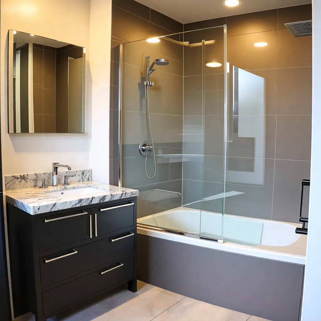 Baño moderno y elegante con ducha y bañera de mármol.