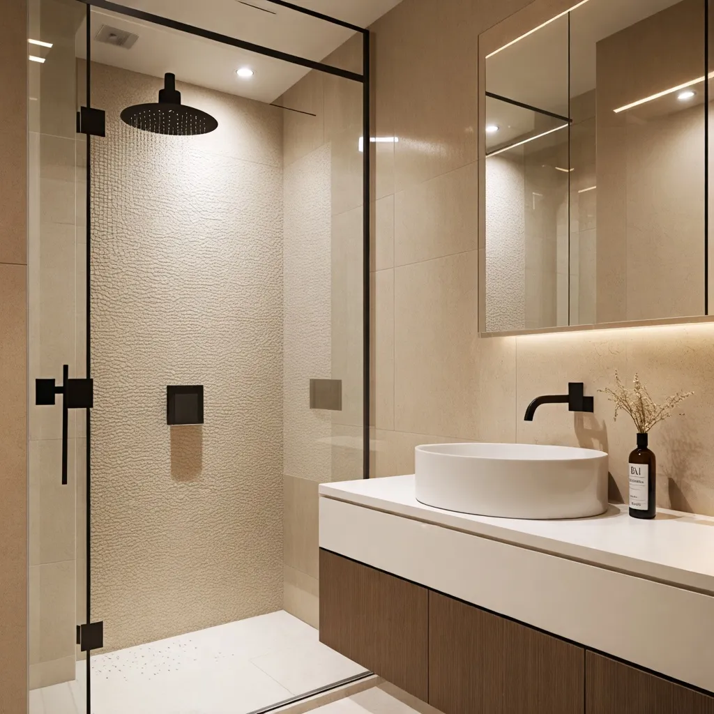 Baño moderno y elegante con ducha y lavabo de diseño.