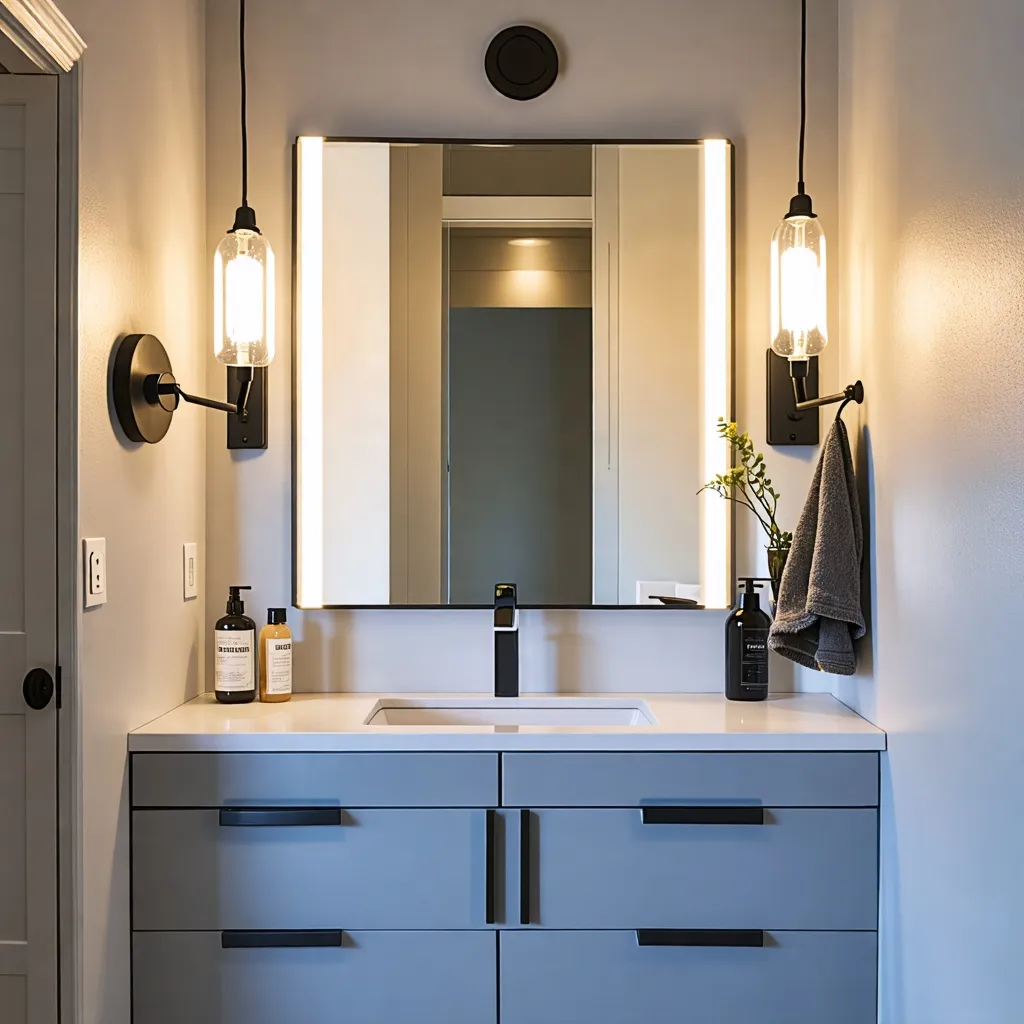 Baño moderno y elegante con iluminación cálida y vanidad azul.