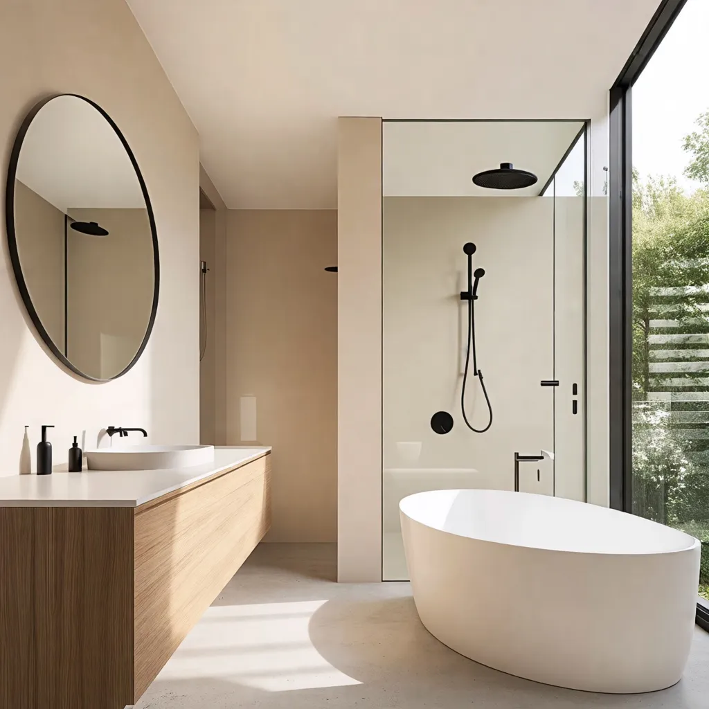 Baño moderno y elegante con detalles en madera y tonos neutros.