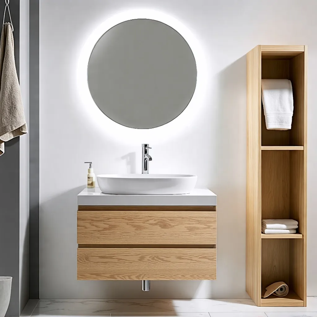 Baño moderno y elegante con mueble de madera y espejo iluminado.