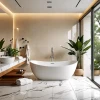 Baño moderno y luminoso con bañera exenta y naturaleza.