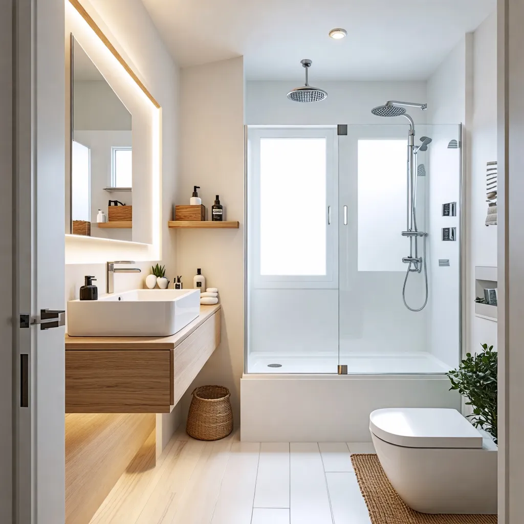 Baño moderno y luminoso con detalles de madera y accesorios elegantes.