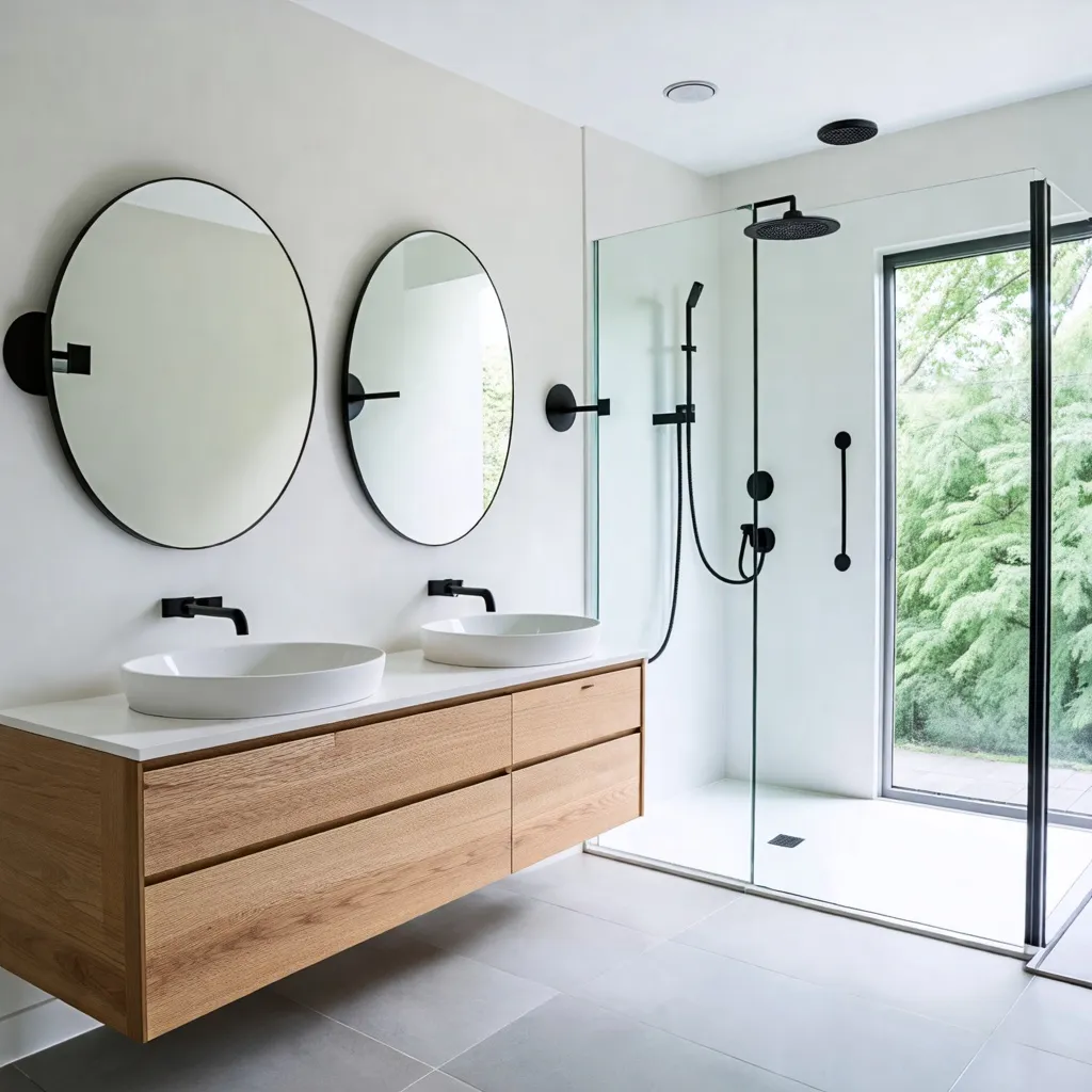 Baño moderno y luminoso con detalles de madera y espejo redondo.