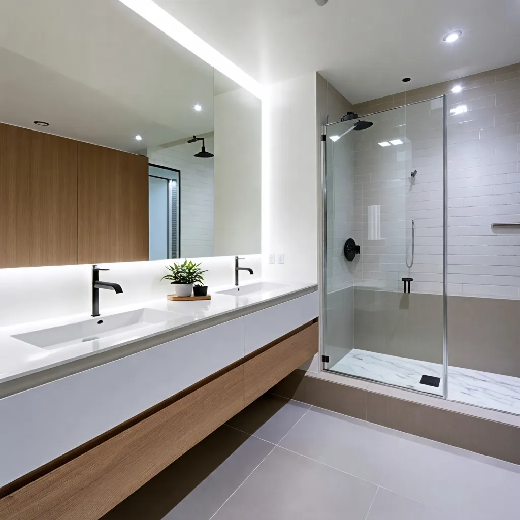 Baño moderno y luminoso, con detalles de madera y mármol.