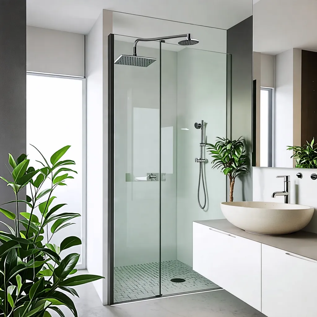 Baño moderno y luminoso con ducha de cristal y plantas verdes.