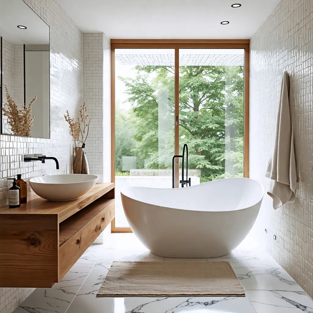 Baño moderno y luminoso con vista al bosque.