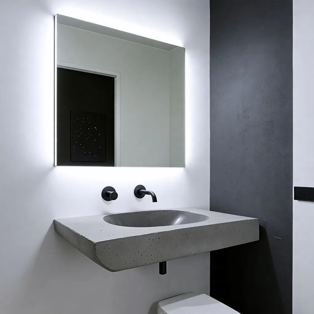 Baño moderno y minimalista con lavabo de concreto y espejo iluminado.