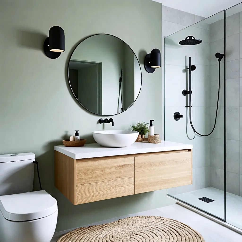 Baño moderno y minimalista con detalles de madera y negro.