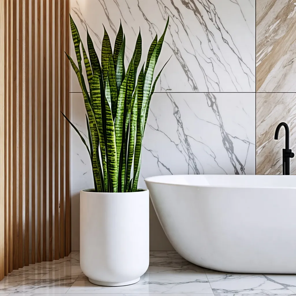 Baño moderno con planta ornamental y detalles de mármol.