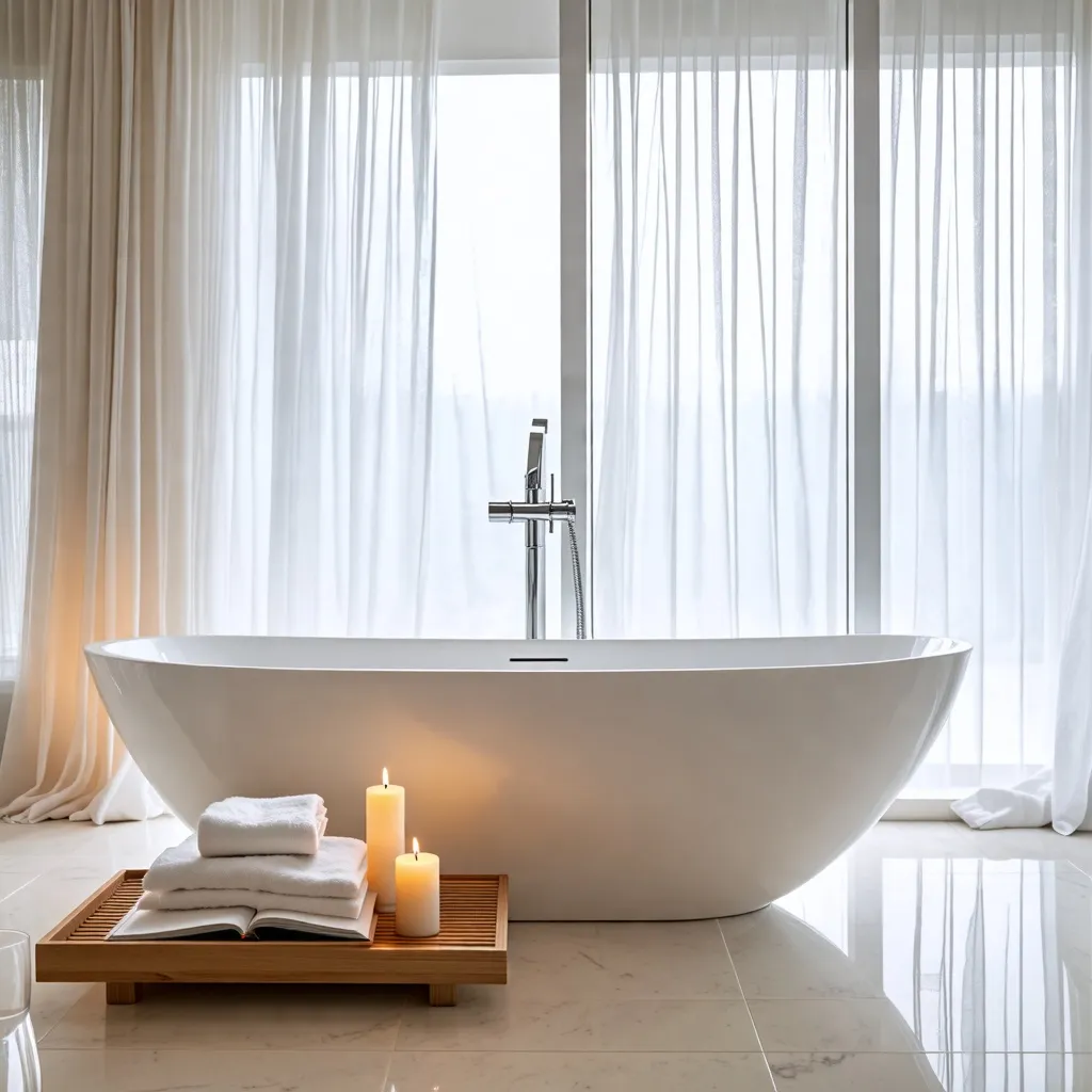 Baño moderno y relajante con bañera y decoración natural.