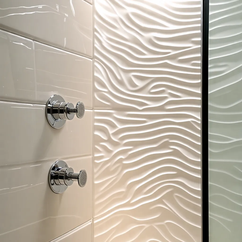 Baño moderno con textura ondulada y accesorios cromados.