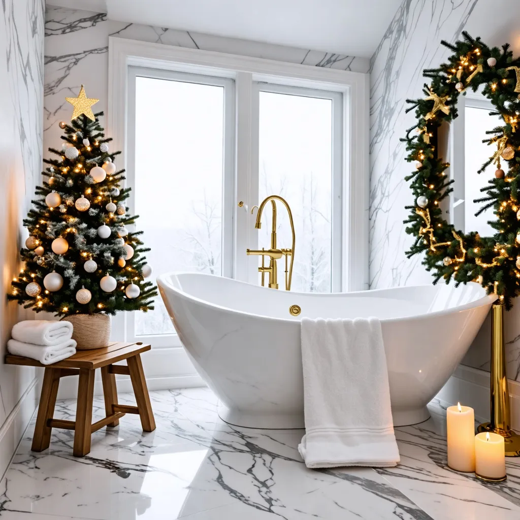 Baño navideño acogedor con bañera y decoración festiva.