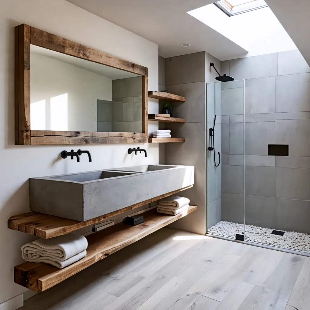 Baño rústico y moderno con detalles de madera y concreto.