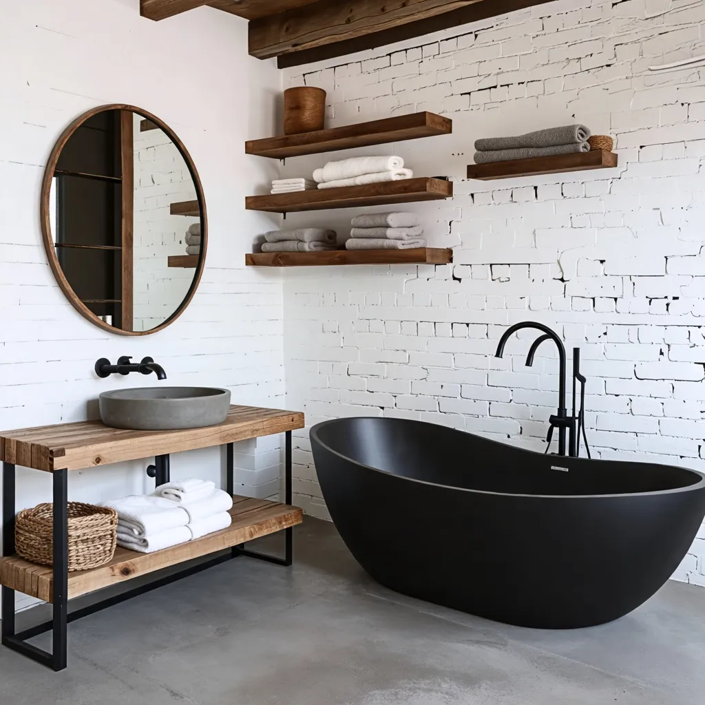 Baño rústico y moderno con detalles de madera y negro.