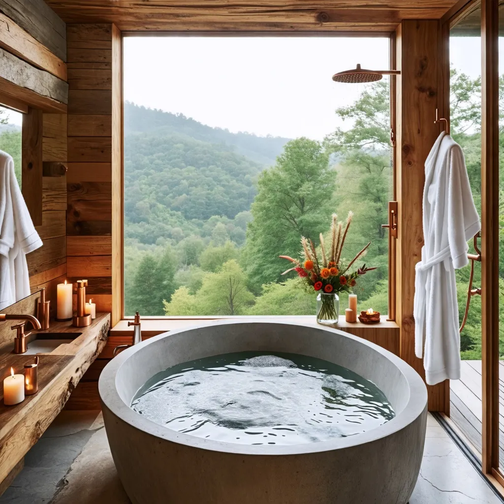 Baño rústico con vista panorámica a la naturaleza.