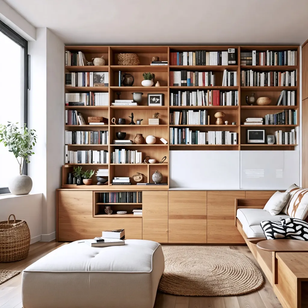 Librería de madera cálida y espaciosa en sala de estar acogedora.